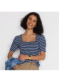 LANDS' END Gestreiftes Baumwollshirt mit eckigem Ausschnitt und Puff&auml;rmeln, Damen,  Blau, Baumwolle, by Lands' End