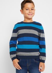 Strickpullover bonprix "Feinstrickpullover aus reiner Baumwolle", Jungen, Gr. 104/110, blau (marine gestreift), Obermaterial: 100% Baumwolle, Pullover Strickpullover, aus Feinstrick, mit Rippb&uuml;ndchen, mit Streifenoptik