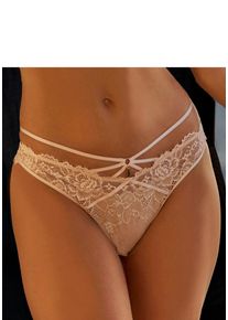 String Lascana "Samara", Damen, Gr. 32/34, braun (toffee), Spitze, Obermaterial: 90% Polyamid, 10% Elasthan, Unterhosen String, mit verf&uuml;hrerischem B&auml;nder-Detail und extravagantem Accessoire