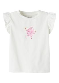T-Shirt name it "NMFFLITTAZ SS TOP BOX", M&auml;dchen, Gr. 104, cloud dancer, Jersey, Obermaterial: 95% Baumwolle, 5% Elasthan, bedruckt, unifarben, normal h&uuml;ftlang, Rundhals, Fl&uuml;gel&auml;rmel R&uuml;schen, Shirts T-Shirt