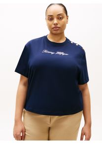 Kurzarmshirt Tommy Hilfiger Curve "CRV GOLD BTN SCRIPT MDRN SS TEE", Damen, Gr. 54, schwarz night navy, Single Jersey, Obermaterial: 100% Baumwolle, unifarben, Rundhals, Shirts Kurzarmshirt, in gro&szlig;en Gr&ouml;&szlig;en, mit goldfarbenen Kn&ouml;pfen