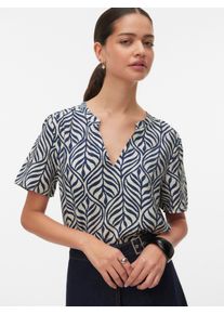 V&eacute;ro Moda Shirtbluse VERO MODA "VMJOSIE SS V-NECK GATHERING TOP WVN GA", Damen, Gr. S, birch aop:navy blazer bonnie, Web, Obermaterial: 83% Viskose, 17% Nylon, bedruckt, regular fit normal, V-Ausschnitt, Blusen Shirtbluse, Viskosemischung, regular fit