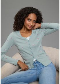 Langarmshirt Kangaroos, Damen, Gr. 48/50, grau, gr&uuml;n, Rippware, Obermaterial: 100% Baumwolle, figurbetont h&uuml;ftlang, V-Ausschnitt, Shirts Langarmshirt, mit Blumendruck und Knopfleiste, Topseller