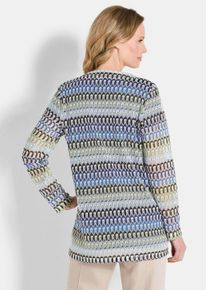 Kurzjacke GOLDNER "Kurzgr&ouml;&szlig;e Langarm Spitzenjacke aus Jersey", Damen, Gr. 23, blau (blau, stein, gemustert), Obermaterial: 100% Polyester PES., Modisch, figurumspielend, Gerade, Jacken Kurzjacke, Ringelverlauf in H&auml;kel-Optik