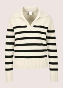 Madeleine Mode Longpullover MADELEINE "Strickpullover Sommerpullover im Streifen-Look", Damen, Gr. 34, schwarz (perlwei&szlig;, schwarz), Obermaterial: 90% Schurwolle WV. 10% Kaschmir WS., Modern, Pullover Longpullover, Polokragen mit V-Ausschnitt