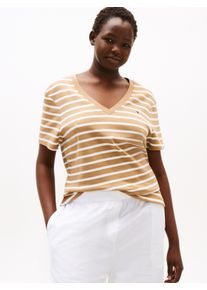 V-Shirt Tommy Hilfiger Curve "CRV SLIM CODY V-NK SS", Damen, Gr. 52, beige (hickory, ecru stp), Single Jersey, Obermaterial: 100% Baumwolle, gestreift, slim fit normal, V-Ausschnitt, abgesteppte Kante, Shirts V-Shirt, in gro&szlig;en Gr&ouml;&szlig;en, Baumwoll-Qualit&auml;t