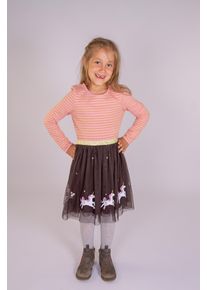 Midikleid happy girls, M&auml;dchen, Gr. 92, N-Gr, pink (salmon pink), Jersey, Obermaterial: 90% Baumwolle, 10% metallisierte Fasern. Futter: 100% Baumwolle. Unterteil: 100% Polyester, Glitzerstreifen, gemustert, geringelt, regular fit Midi, Rundhals, Kleider Midikleid, mit hochwertigen Einhorn-Applikationen am Saum