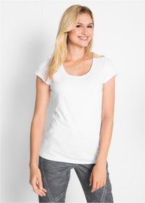 T-Shirt bonprix, Damen, Gr. 44/46 (L), wei&szlig;, Jersey, Obermaterial: 95% Baumwolle, 5% Elasthan, unifarben, slim fit h&uuml;ftbedeckend, Rundhals, Shirts T-Shirt, figurbetonte slim fit Passform, Kurzarm, aus Baumwolle und Elasthan