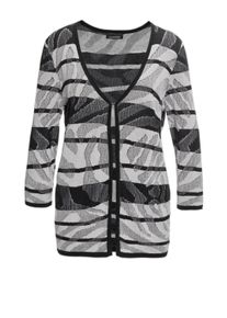 Strickjacke GOLDNER "Kurzgr&ouml;&szlig;e Strickjacke mit V-Ausschnitt", Damen, Gr. 19, schwarz (schwarz, wei&szlig;, gemustert), Obermaterial: 55% Baumwolle CO. 45% Viskose CV., Rollkante, Strickjacken Strickjacke, mit attraktiven Rollkanten