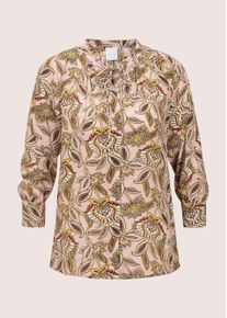 Madeleine Mode Kurzarmbluse MADELEINE "Blusenshirt Schlupfbluse mit floralem Muster", Damen, Gr. 38, lila (perlrosa, aubergine), Obermaterial: 100% Viskose CV., Modern, gerade, Blusen Kurzarmbluse, Feine Raffung