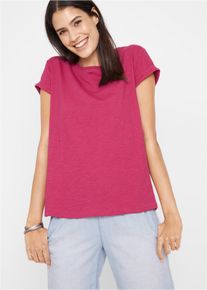 T-Shirt bonprix "Boxy-Shirt", Damen, Gr. 44/46 (L), beerenrot, Web, Obermaterial: 100% Baumwolle, figurumspielend normal, Rundhals, Aufschlag, Shirts T-Shirt, lockere, figurumspielende Passform, Kurzarm, Rundhalsausschnitt
