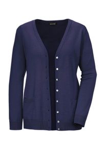 Strickjacke GOLDNER "Kurzgr&ouml;&szlig;e Uni Merino-Cardigan Langarm", Damen, Gr. 20, blau (marine), Obermaterial: 100% Schurwolle WV., Basic, normal, V-Ausschnitt, Rippe, Strickjacken Strickjacke, Rippenb&uuml;ndchen