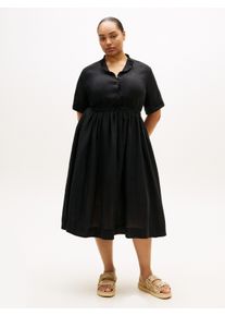 Midikleid Tommy Hilfiger Curve "CRV LINEN MIDI SHIRT DRESS SS", Damen, Gr. 48, N-Gr, schwarz, Web, Obermaterial: 100% Leinen, unifarben, relaxed fit Midi, Rundhals, Umschlagsaum, Kleider Midikleid, in gro&szlig;en Gr&ouml;&szlig;en, Taille mit Bindeband