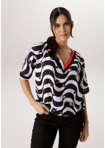 Schlupfbluse Aniston SELECTED, Damen, Gr. 48/50, wei&szlig;, schwarz, rot, Web, Obermaterial: 100% Polyester, bedruckt, gemustert, weit, unten schmal h&uuml;ftbedeckend, tiefer V-Ausschnitt, B&uuml;ndchen, Blusen Schlupfbluse, mit Gummizug am Saum und grafischen Muster - NEUE KOLLEKTION, Topseller