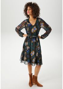 Tunikakleid Aniston CASUAL, Damen, Gr. 40, N-Gr, schwarz (schwarz, royalblau, dunkelgr&uuml;n, hellbraun, hellbeige), Mesh, Obermaterial: 95% Polyester, 5% Elasthan. Futter: 100% Polyester, bedruckt, gebl&uuml;mt, figurumspielend knieumspielend, elastischer Bund mit Gummizug, Kleider Tunikakleid, mit grafischen Batik-Bl&uuml;ten bedruckt