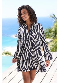 Strandkleid Lascana, Damen, Gr. 40/42, N-Gr, bunt (creme, graublau bedruckt), Web, Obermaterial: 100% Viskose, bedruckt, figurumspielend ca. Mitte Oberschenkel, Rundhals, Volant, Kleider Strandkleid, mit Alloverdruck, Tunika, Blusenkleid aus Viskose