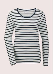 Madeleine Mode Langarmshirt MADELEINE "Ringelshirt Kurzes Rundhals-Shirt", Damen, Gr. 44, wei&szlig; (wollwei&szlig;, marine), Obermaterial: 95% Viskose CV. 5% Elasthan EL., Modern, normal, Shirts Langarmshirt