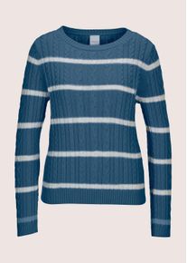 Madeleine Mode Longpullover MADELEINE "Strickpullover Moderner Baumwollpullover mit Zopfmuster und Ringel-Design", Damen, Gr. 34, wei&szlig; (tintenblau, wollwei&szlig;), Obermaterial: 100% Baumwolle CO., Modern, Pullover Longpullover, Kontraststreifen