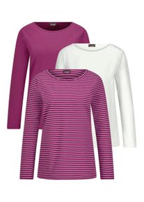 Kurzarmshirt GOLDNER "Kurzgr&ouml;&szlig;e Langarm 3er-Baumwollshirt-Set", Damen, Gr. 22, pink (beere, cremewei&szlig;, beere, geringelt), Obermaterial: 95% Baumwolle CO. 5% Elasthan EL., Modisch, Shirts Kurzarmshirt, U-Boot-Ausschnitt
