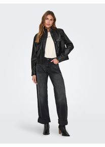 Weite Jeans Only "ONLELLA MW WIDE FOLD UP TAI523 DNM", Damen, Gr. M, L&auml;nge 32, washed schwarz, Denim/Jeans, Obermaterial: 100% Baumwolle, unifarben, lang, Jeans Weite Jeans, mittlere Taille, weite Beinform, washed black