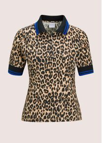 Madeleine Mode Kurzarmshirt MADELEINE "Poloshirt Modernes Shirt mit Leo-Print", Damen, Gr. 38, schwarz (schwarz, caramel, royalblau), Obermaterial: 90% Baumwolle CO. 10% Elasthan EL., Modern, Shirts Kurzarmshirt