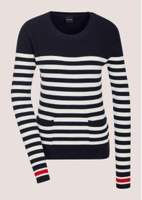 Madeleine Mode Longpullover MADELEINE "Streifenpullover Feinstrickpullover mit Streifenmuster", Damen, Gr. 48, blau (marine, wollwei&szlig;, rot), Obermaterial: 90% Viskose CV. 10% Polyamid PA., Modern, figurbetont, Pullover Longpullover, Akzente an &Auml;rmels&auml;umen