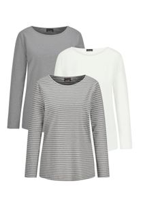 Kurzarmshirt GOLDNER "Kurzgr&ouml;&szlig;e Langarm 3er-Baumwollshirt-Set", Damen, Gr. 19, grau (grau, cremewei&szlig;, grau, geringelt), Obermaterial: 95% Baumwolle CO. 5% Elasthan EL., Modisch, Shirts Kurzarmshirt, U-Boot-Ausschnitt