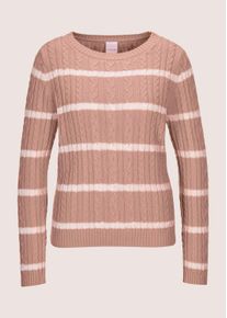 Madeleine Mode Longpullover MADELEINE "Strickpullover Moderner Baumwollpullover mit Zopfmuster und Ringel-Design", Damen, Gr. 36/38, wei&szlig; (blassrosa, wollwei&szlig;), Obermaterial: 100% Baumwolle CO., Modern, Pullover Longpullover, Kontraststreifen