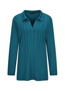 Langarmshirt GOLDNER "Kurzgr&ouml;&szlig;e Halbarm Blusenshirt mit Hemdkragen", Damen, Gr. 22, gr&uuml;n (petrol), Obermaterial: 95% Viskose CV. 5% Elasthan EL., Modisch, Shirts Langarmshirt, Biesen