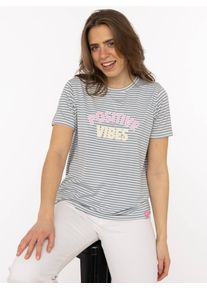 T-Shirt Zwillingsherz "Positive Vibes", Damen, Gr. XL, jeansblau, Web, Obermaterial: 95% Viskose, 5% Elasthan, bestickt, geringelt, bequem h&uuml;ftbedeckend, Rundhals, gerader Abschluss, Shirts T-Shirt, gestickter Statement Schriftzug, Rundhals