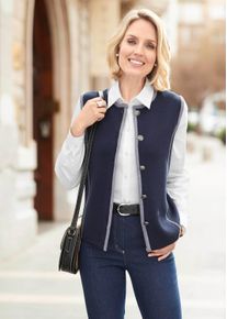Strickjacke GOLDNER "Zeitlose Merino-Weste mit Knopfleiste", Damen, Gr. 44, blau (marine, grau), Obermaterial: 50% Polyacryl PAN. 50% Schurwolle WV., Strickjacken Strickjacke, Wiener N&auml;hte