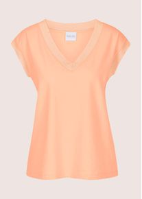 Madeleine Mode Kurzarmshirt MADELEINE "Jerseyshirt Sommershirt mit Rippenb&auml;ndern", Damen, Gr. 46, orange (pfirsich), Obermaterial: 92% Baumwolle CO. 8% Elasthan EL., Modern, V-Ausschnitt, Shirts Kurzarmshirt, Breites Rippenband