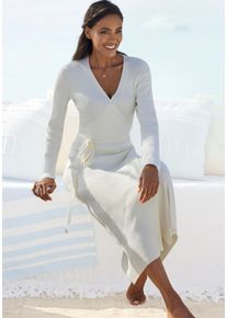 Strickkleid Lascana, Damen, Gr. 40/42, N-Gr, beige (cream), Obermaterial: 80% Viskose, 20% Nylon, unifarben, sehr bequem kn&ouml;chelfrei, V-Ausschnitt, Kleider Strickkleid, Loungekleid zum wickeln mit Tailleng&uuml;rtel, Loungewear