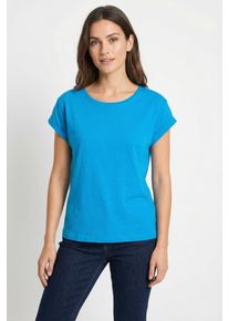 T-Shirt bonprix "Boxy-Shirt", Damen, Gr. 44/46 (L), blau (azurblau), Web, Obermaterial: 100% Baumwolle, unifarben, figurumspielend normal, Rundhals, Aufschlag, Shirts T-Shirt, lockere, figurumspielende Passform, Kurzarm, Rundhalsausschnitt