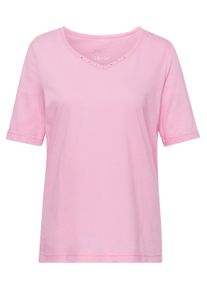 Langarm-Poloshirt GOLDNER "Halbarm Basic-Shirt aus Baumwolle", Damen, Gr. 50, rosa (geranie), Obermaterial: 95% Baumwolle CO. 5% Elasthan EL., Tubular, Shirts Langarm-Poloshirt, Ausschnitt in Herzform mit Schmucksteinen verziert
