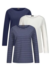 Kurzarmshirt GOLDNER "Kurzgr&ouml;&szlig;e Langarm 3er-Baumwollshirt-Set", Damen, Gr. 23, blau (marine, cremewei&szlig;, marine, geringelt), Obermaterial: 95% Baumwolle CO. 5% Elasthan EL., Modisch, Shirts Kurzarmshirt, U-Boot-Ausschnitt