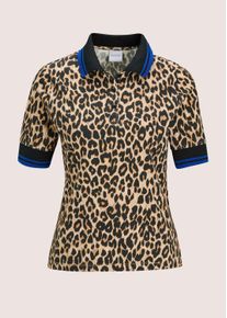 Madeleine Mode Kurzarmshirt MADELEINE "Poloshirt Modernes Shirt mit Leo-Print", Damen, Gr. 36, schwarz (schwarz, caramel, royalblau), Obermaterial: 90% Baumwolle CO. 10% Elasthan EL., Modern, Shirts Kurzarmshirt
