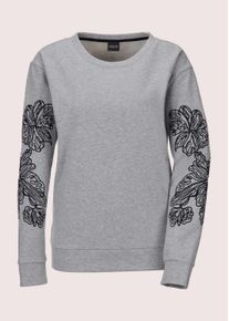 Madeleine Mode Langarmshirt MADELEINE "Sweatshirt Besticktes Sweatshirt mit Glanzeffekt", Damen, Gr. 36, schwarz (graumelange, schwarz), Obermaterial: 84% Baumwolle CO. 16% metallisierte Fasern MTF., Modern, normal, Shirts Langarmshirt