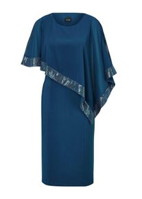 Abendkleid GOLDNER "Kleid mit raffiniertem Chiffon&uuml;berwurf", Damen, Gr. 48, N-Gr, blau (mykonosblau), Obermaterial: 96% Polyester PES. 4% Elasthan EL., festlich, figurumspielend, Halbarm, Kleider Abendkleid, Chiffon