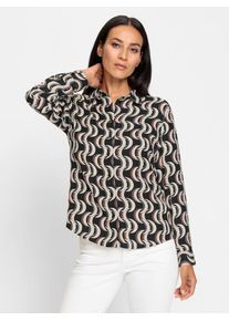 Langarmbluse Heine, Damen, Gr. 42, beige (schwarz, sand, bedruckt), 100% Polyester, bedruckt, gemustert, mehrfarbig, Blusen Langarmbluse