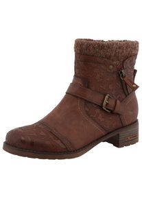 Winterstiefelette Mustang Shoes "Fabienne", Damen, Gr. 40, braun (cognac), Lederimitat, Textil, Basic, Schuhe Winterstiefelette, Biker Boots mit Blockabsatz und Zierriemchen