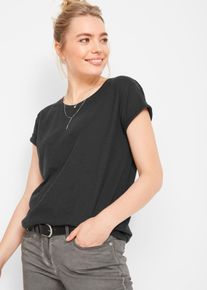 T-Shirt bonprix "Boxy-Shirt", Damen, Gr. 32/34 (XS), schwarz, Web, Obermaterial: 100% Baumwolle, figurumspielend normal, Rundhals, Aufschlag, Shirts T-Shirt, lockere, figurumspielende Passform, Kurzarm, Rundhalsausschnitt