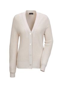 Strickjacke GOLDNER "Kurzgr&ouml;&szlig;e Elegante Strickjacke mit V-Ausschnitt", Damen, Gr. 24, beige (stein), Obermaterial: 70% Polyacryl PAN. 30% Schurwolle WV., Rippe, Strickjacken Strickjacke, Hochwertige Strickminderungen