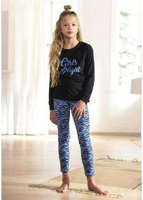 Pyjama Buffalo, M&auml;dchen, Gr. 158/164, schwarz (schwarz, blau), Single Jersey, Obermaterial: 100% Baumwolle. Unterteil: 95% Baumwolle, 5% Elasthan, bedruckt, Basic, Basic schmal lang, Rundhals, abgesteppte Kante, Homewear-Sets Pyjama, Schlafanzug mit Zebra-Muster