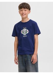 Jack & Jones T-Shirt JACK & JONES JUNIOR "JORSKULL NATURE TEE SS CREW NECK SN JNR", Jungen, Gr. 128, blau (ocean cavern), Single Jersey, Obermaterial: 100% Baumwolle, bedruckt, regular fit normal, Rundhals, Shirts T-Shirt
