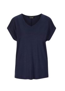 Kurzarmshirt GOLDNER "Kurzgr&ouml;&szlig;e Uni leichtes Shirt Viertelarm", Damen, Gr. 24, blau (marine), Obermaterial: 94% Viskose CV. 6% Elasthan EL., Basic, figurumspielend, V-Ausschnitt, mit Aufschlag, Shirts Kurzarmshirt, kleiner Aufschlag am Armabschluss