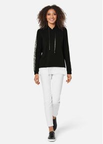 Madeleine Mode Langarmshirt MADELEINE "Sweatshirt Kapuzensweatshirt mit Dekoband an den &Auml;rmeln", Damen, Gr. 38, schwarz (schwarz, wollwei&szlig;), Obermaterial: 95% Baumwolle CO. 5% Elasthan EL., Modern, Shirts Langarmshirt