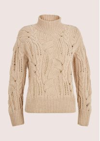 Madeleine Mode Longpullover MADELEINE "Strickpullover Eleganter Wollpullover mit Zopfmuster", Damen, Gr. 48, beige (beige, wollwei&szlig;, melange), Obermaterial: 90% Schurwolle WV. 10% Kaschmir WS., Modern, Pullover Longpullover, Allover-Zopfmuster
