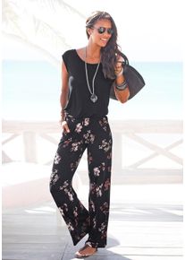 Overall Lascana, Damen, Gr. 50, N-Gr, bunt (bedruckt), Jersey, Obermaterial: 100% Viskose, bedruckt, figurumspielend lang, Rundhals, Overalls Overall, mit weitem Bein und Taschen, lockerer Jumpsuit, sommerlich, Topseller