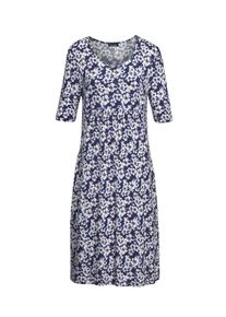 Druckkleid GOLDNER "Elastisches Jerseykleid mit modischem Druck", Damen, Gr. 42, N-Gr, blau (marine, gebl&uuml;mt), Obermaterial: 96% Viskose CV. 4% Elasthan EL., Modisch, Gerade, Kleider Druckkleid, Applikation